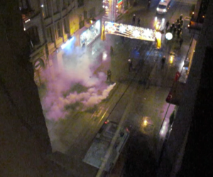 Police clear street with gas on Istiklal St. near Tunel, c. midnight 31 May, 2013